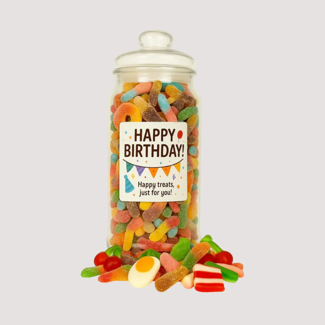 Grobits - Happy Birthday Pick n Mix Sweet Jar - Classic Retro Pick and Mix Jar Candy Selection Assortment Gummy Birthday Gift 23cm x 9cm - 635g