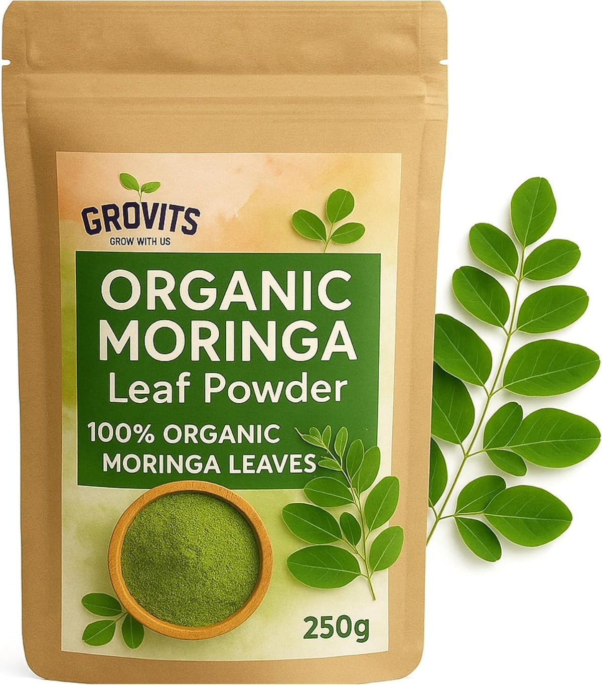 Grobits Moringa Powder 100% Natural Gluten-Free Superfood Improves Metabolism & Helps with Weight Loss - Pure & Raw 250g Moringa Leaf Powder